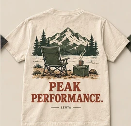 Peak Performance tee: a camp chair and cooler in front of a mountain, PEAK PERFORMANCE in rust.